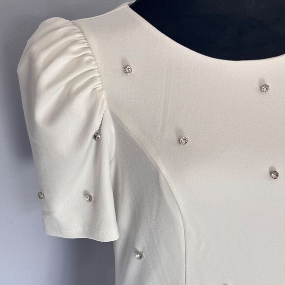 Crystal Doll Women's White Jewel Embellished Dress Juniors Puff-Sleeve Size S - Picture 8 of 16